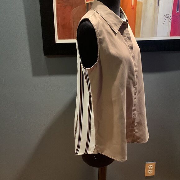 Mystree deep khaki tencel & stripe sleeveless shirt w/button front & back. NWT. - Picture 4 of 11